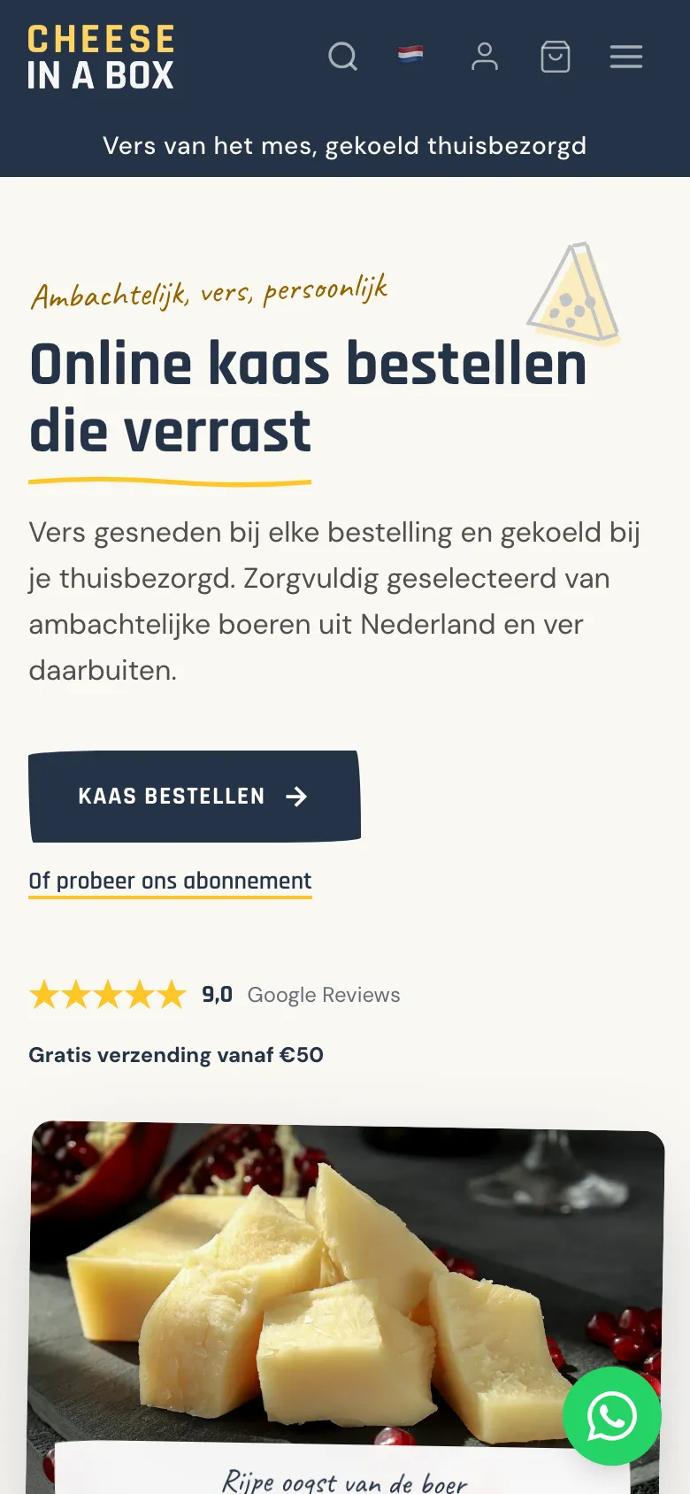 Dezelfde homepage op een telefoon, met de bestelknop en de Google-beoordeling direct in beeld