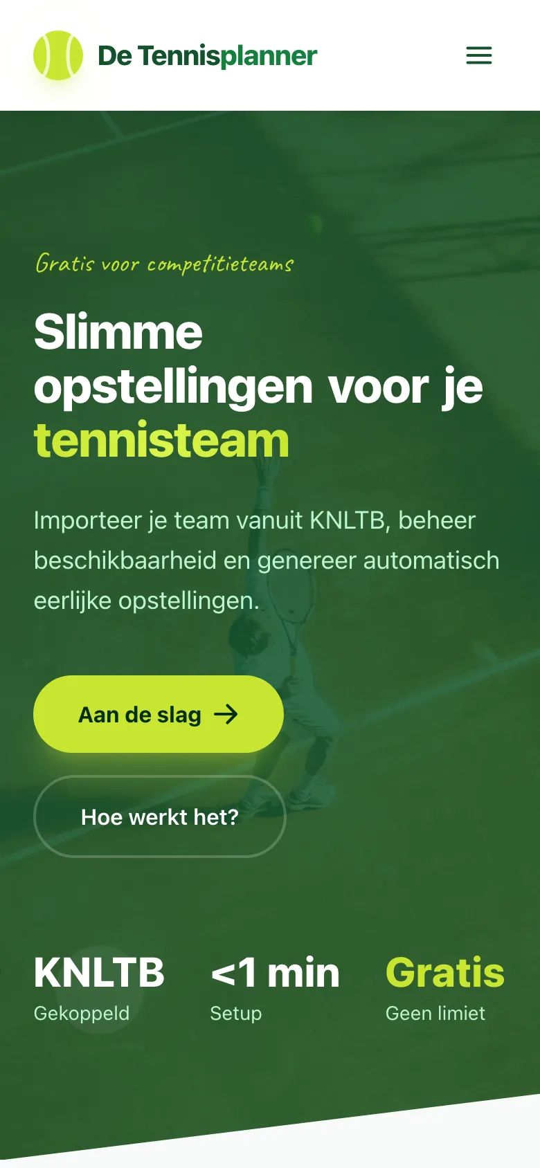 Dezelfde homepage op een telefoon, met de KNLTB-koppeling en de startknop in beeld