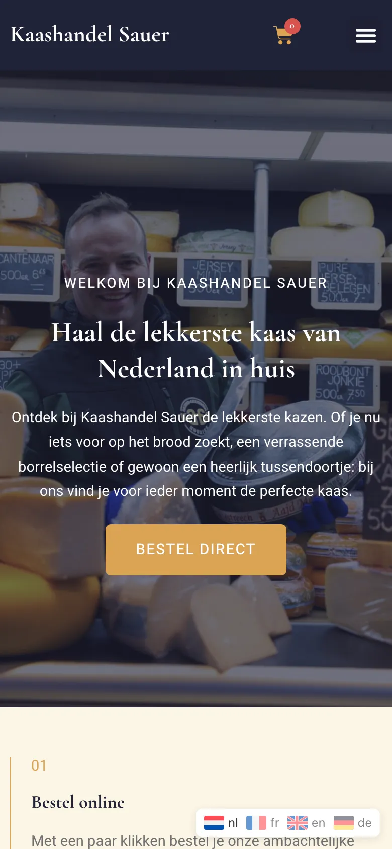 Dezelfde homepage op een telefoon, met onderin de taalkiezer voor Nederlands, Frans, Engels en Duits